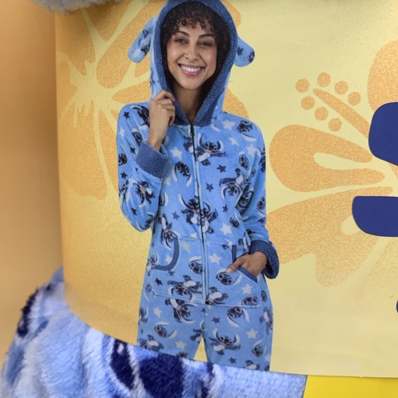 New In Package Disney Women's Stitch One-piece Pajama Blue Small With Hood - Picture 2 of 7